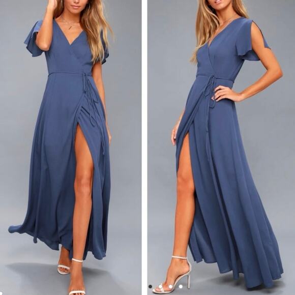 Lulus Dresses & Skirts - NWT Lulu's Heart of Marigold Dress Blue Wrap Maxi Gauzey Bridesmaid Party Size S